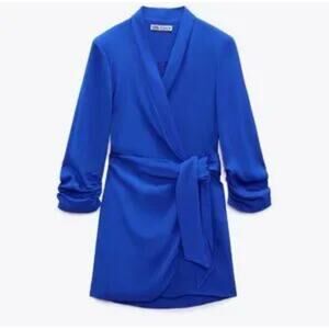 ZARA True Wrap Tie Blazer Jacket Mini Dress Sz XS Blue Office Boho Chic